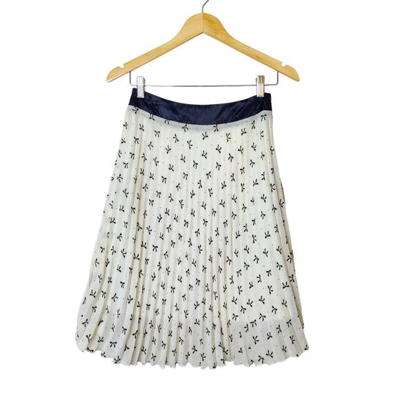 Vtg Pleated Chiffon Cream Black Ribbon Print A-Line Skirt Small Preppy Coquette - Picture 1 of 11